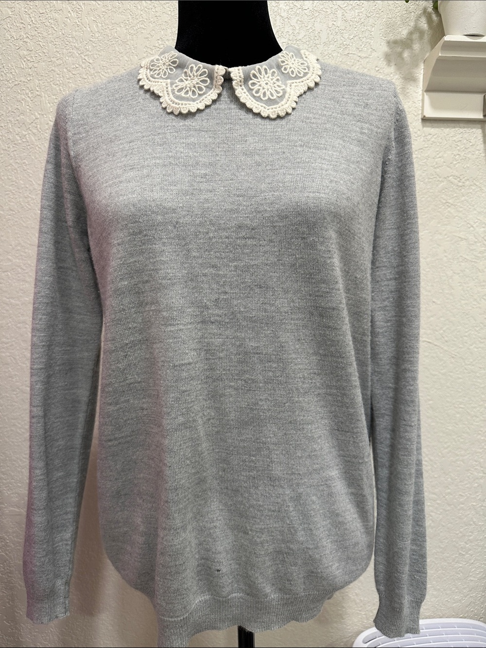 ASOS Light Gray Lace Neck Sweater with Lace Peter Pan Collar